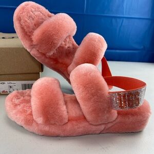 UGG Vibrant Peach/Pink Fluffy Sandals with Sparkling Strap
